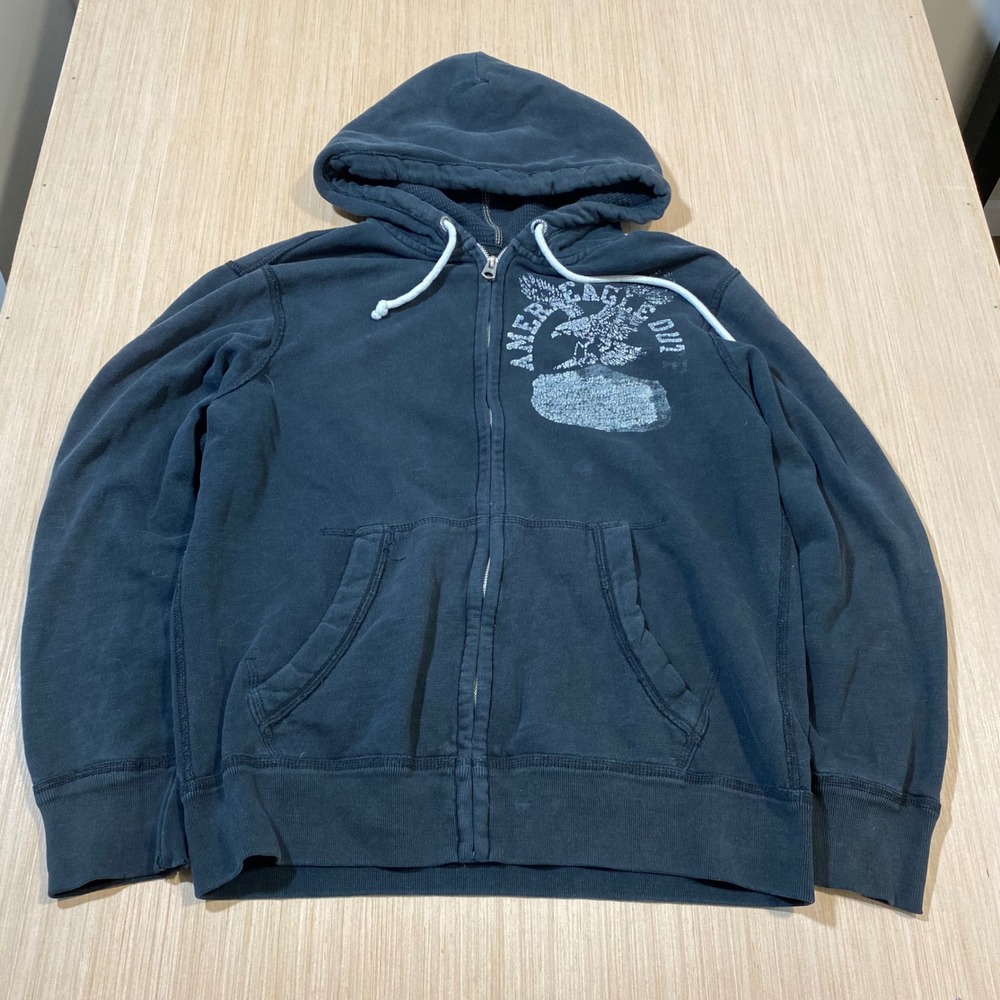 American Eagle Outfitters Mens Vintage Fit Full Zip Graphic Hoodie Faded Black L